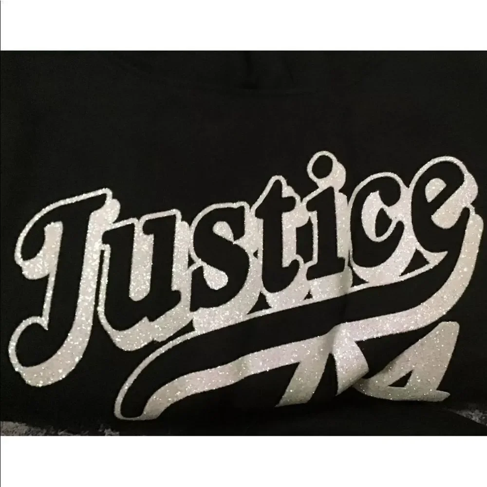 Justice Girls Black Hoodie Sweatshirt Soft Pullover Glitter Logo Size S 7/8) New